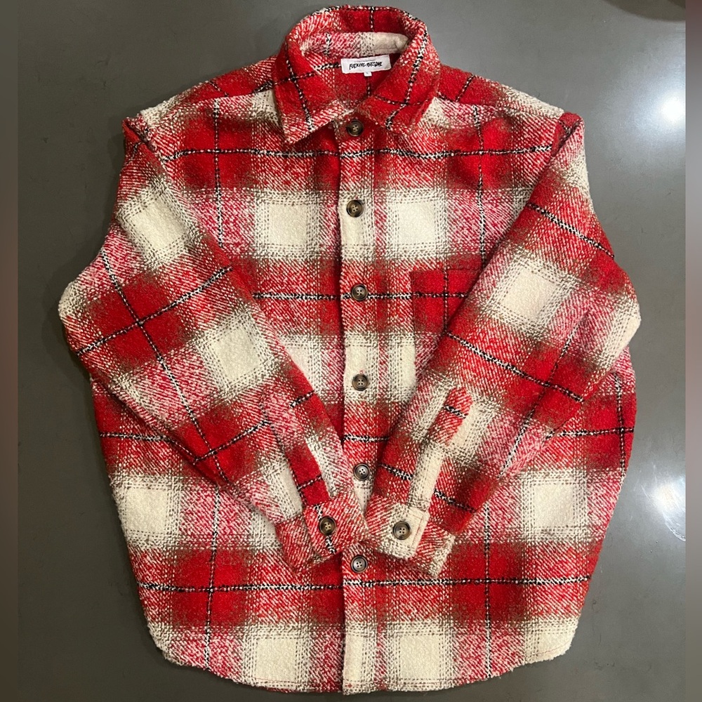 F**king Awesome Oversized Flannel Red and White Gently Used Men’s size Large